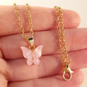 Gold Plated Pink Opal Resin Butterfly Pendant Chain Necklace 20" Party Gift